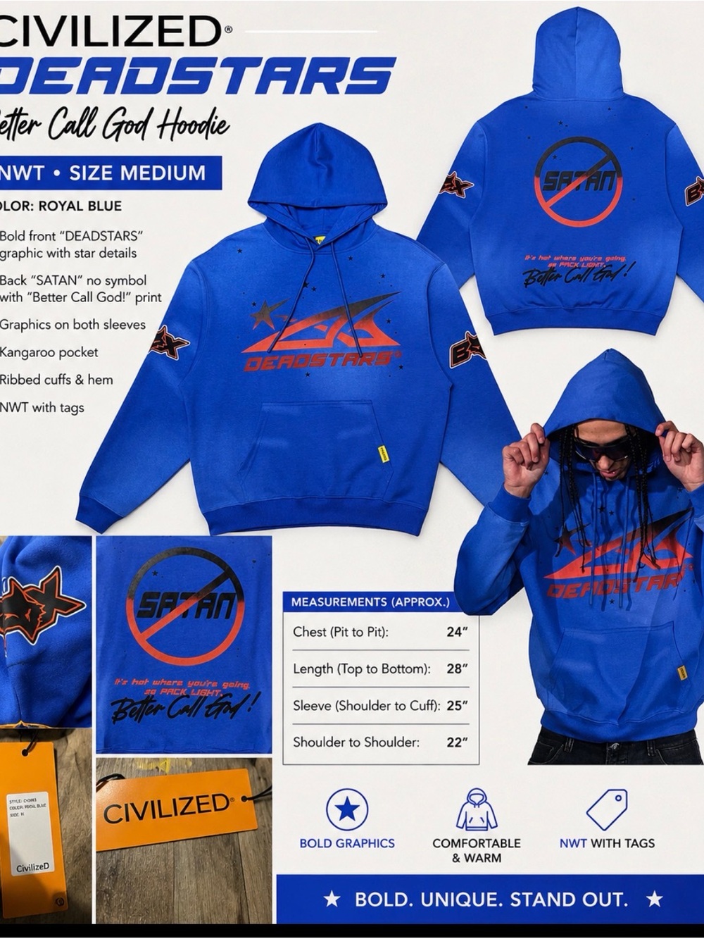 CIVILIZED Deadstars Better Call God Hoodie Royal Blue NWT Size Medium